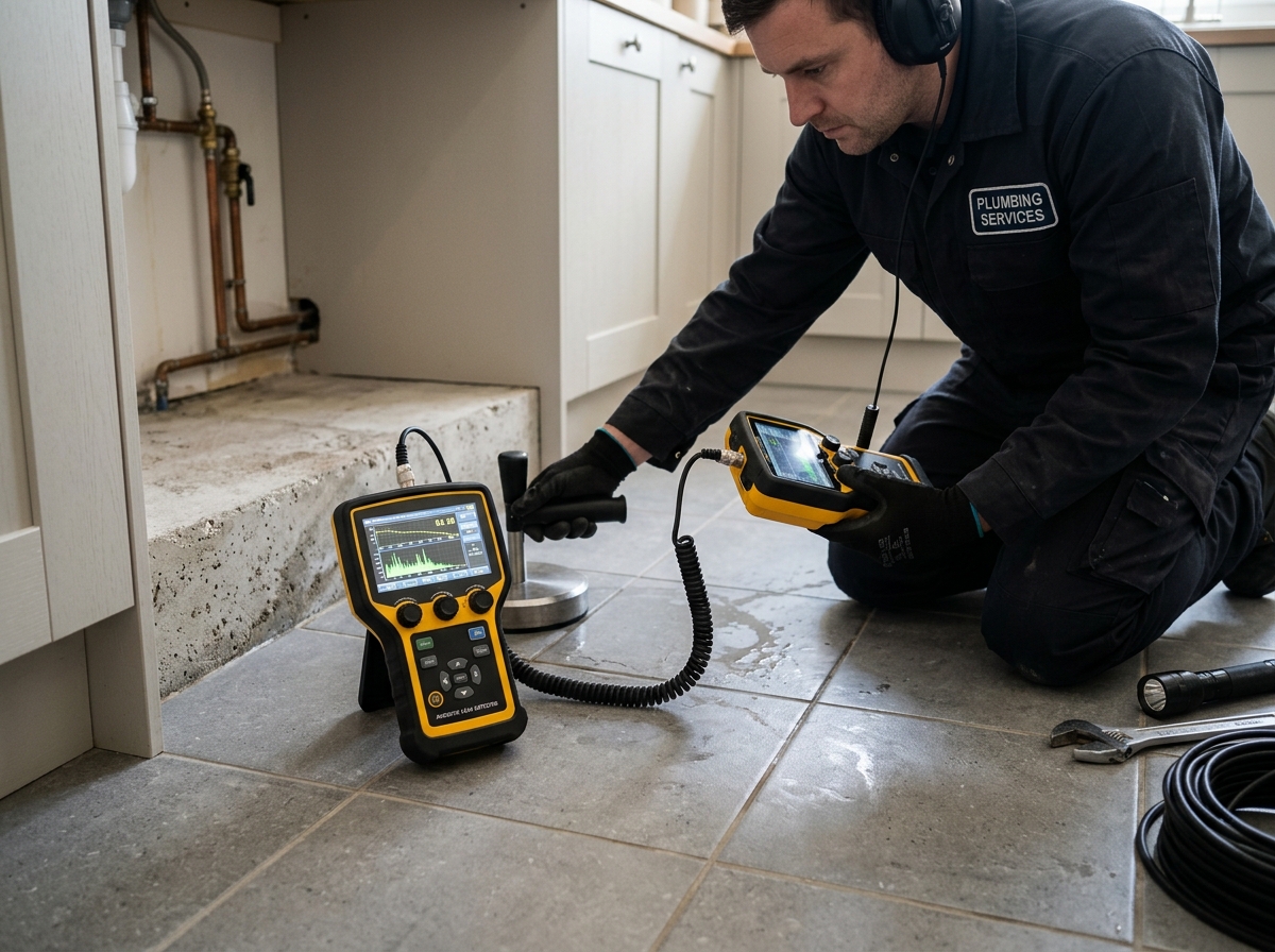 Electronic leak detection technician testing residential concrete slab in Temple TX