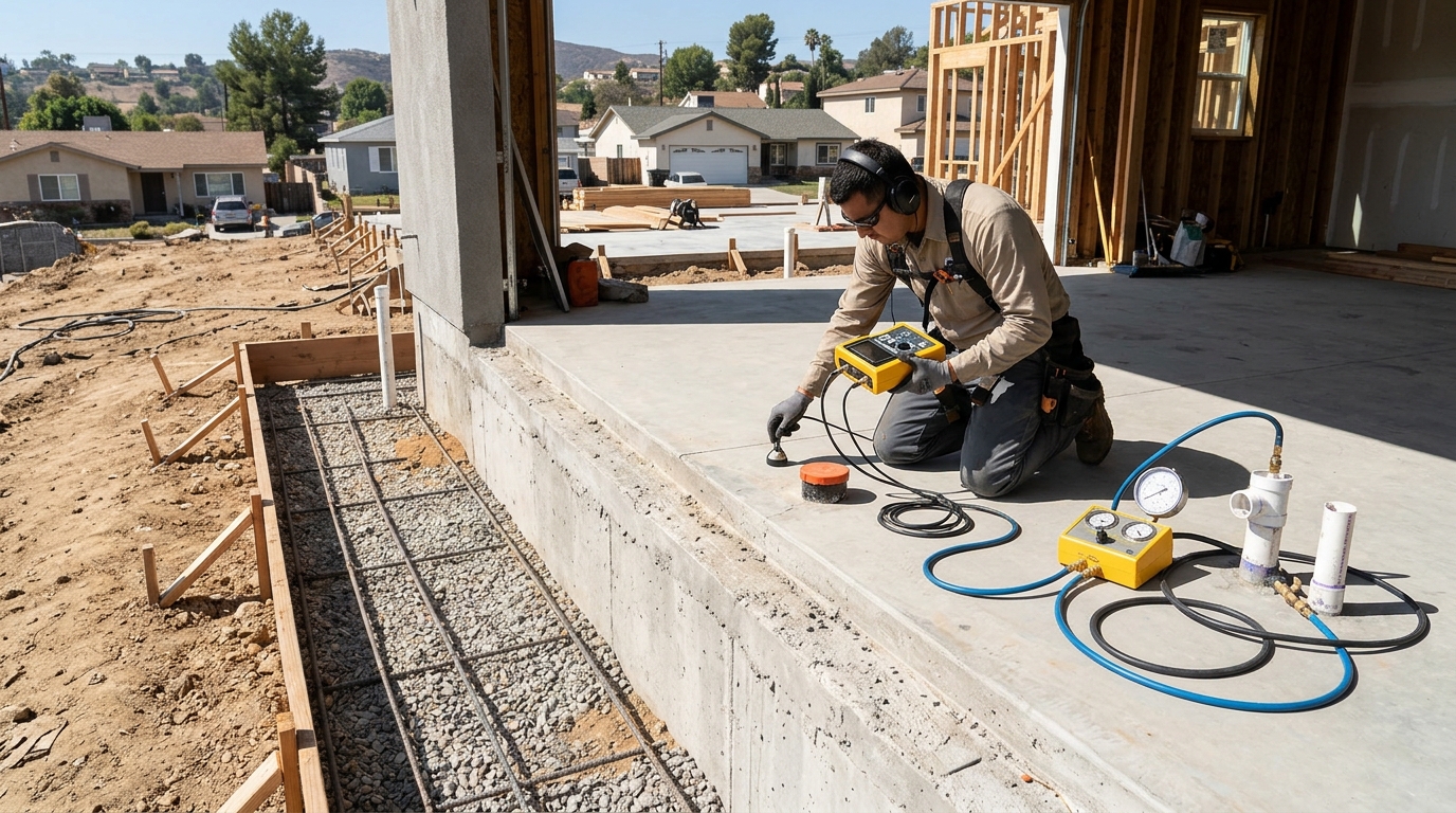 Under slab leak repair technician testing pressure lines in a Temple residence